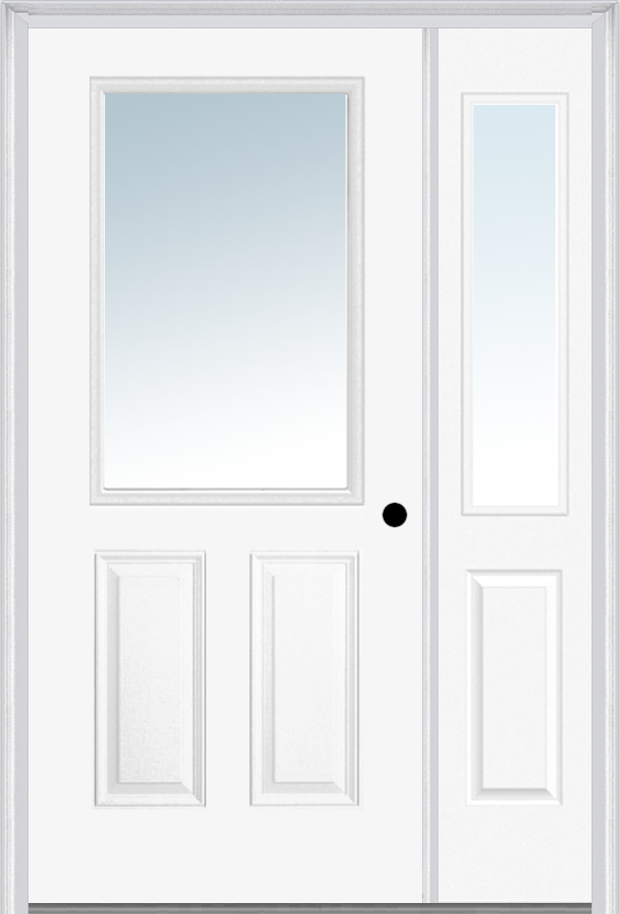 MMI 1/2 LITE 2 PANEL 3'0" X 6'8" FIBERGLASS SMOOTH EXTERIOR PREHUNG DOOR WITH 1 HALF LITE CLEAR GLASS SIDELIGHT 122